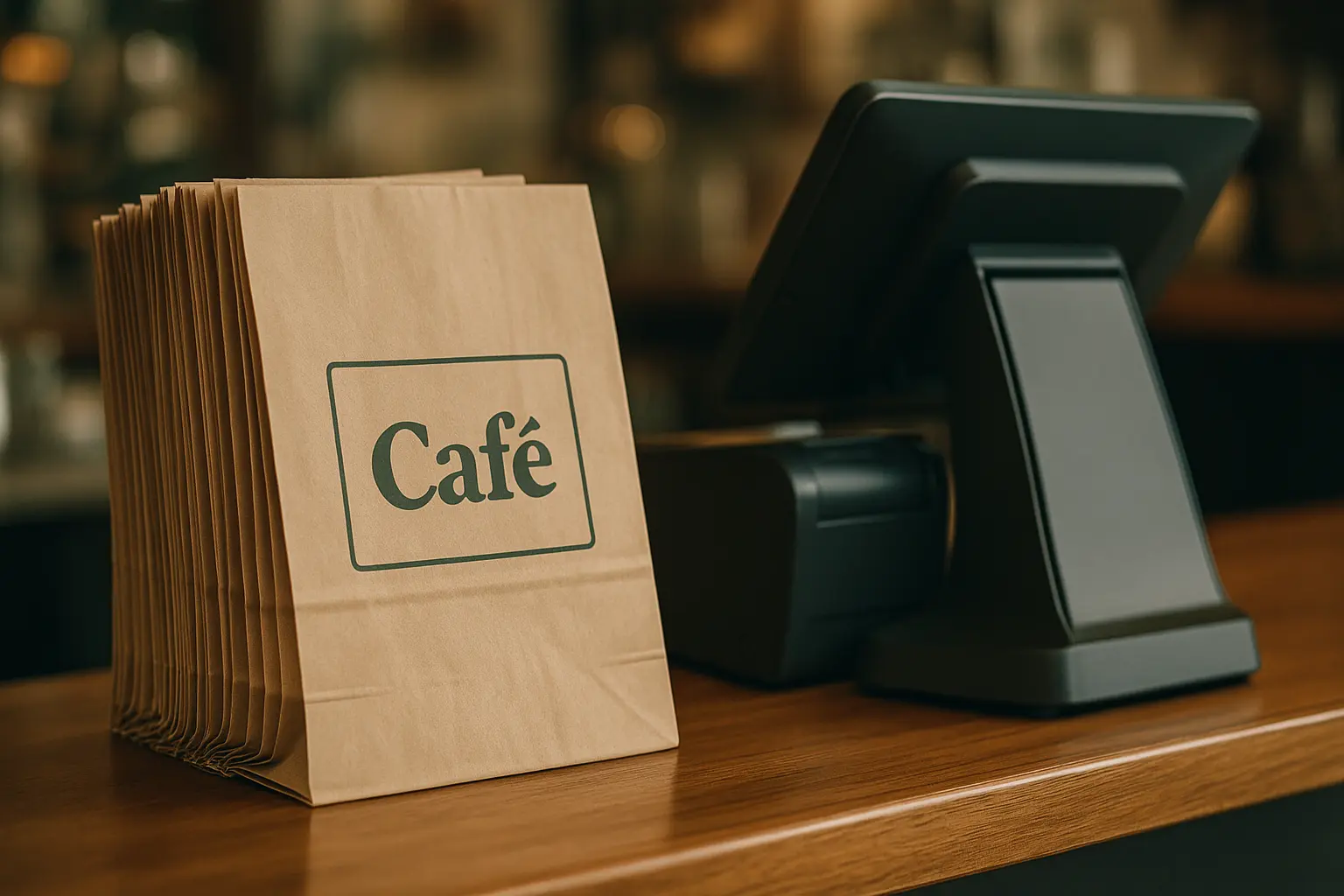 Close-up of branded paper bags stacked beside a POS machine on a café counter, showcasing eco-friendly packaging for small businesses. Close-up of branded paper bags stacked beside a POS machine on a café counter, showcasing eco-friendly packaging for small businesses